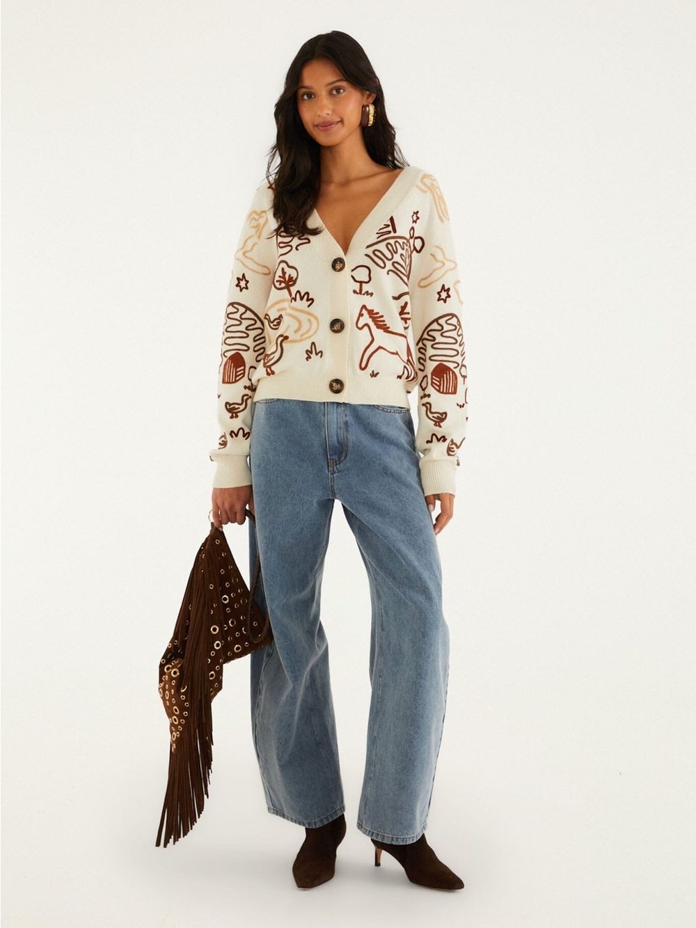 FARM Rio Off-White Countryside Cornelli Buttoned Knit Cardigan Size M NWT